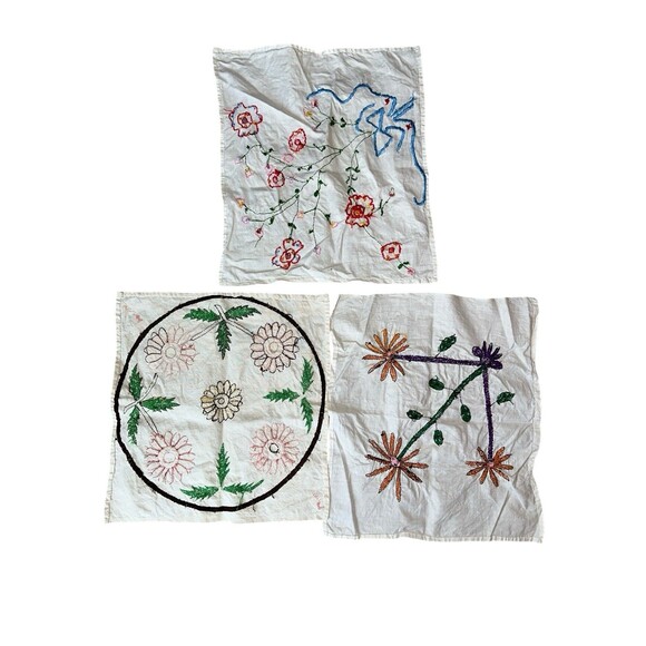 Vintage Handkerchief Hanky Cloth Embroidered Floral Linen Ukrainian Folk Art x3 - Picture 6 of 9